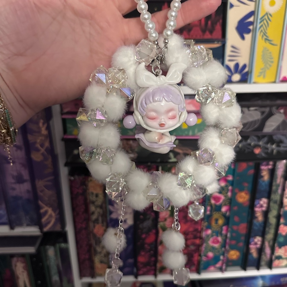 White and Purple Beaded Car or purse Charm with Cute Pendant